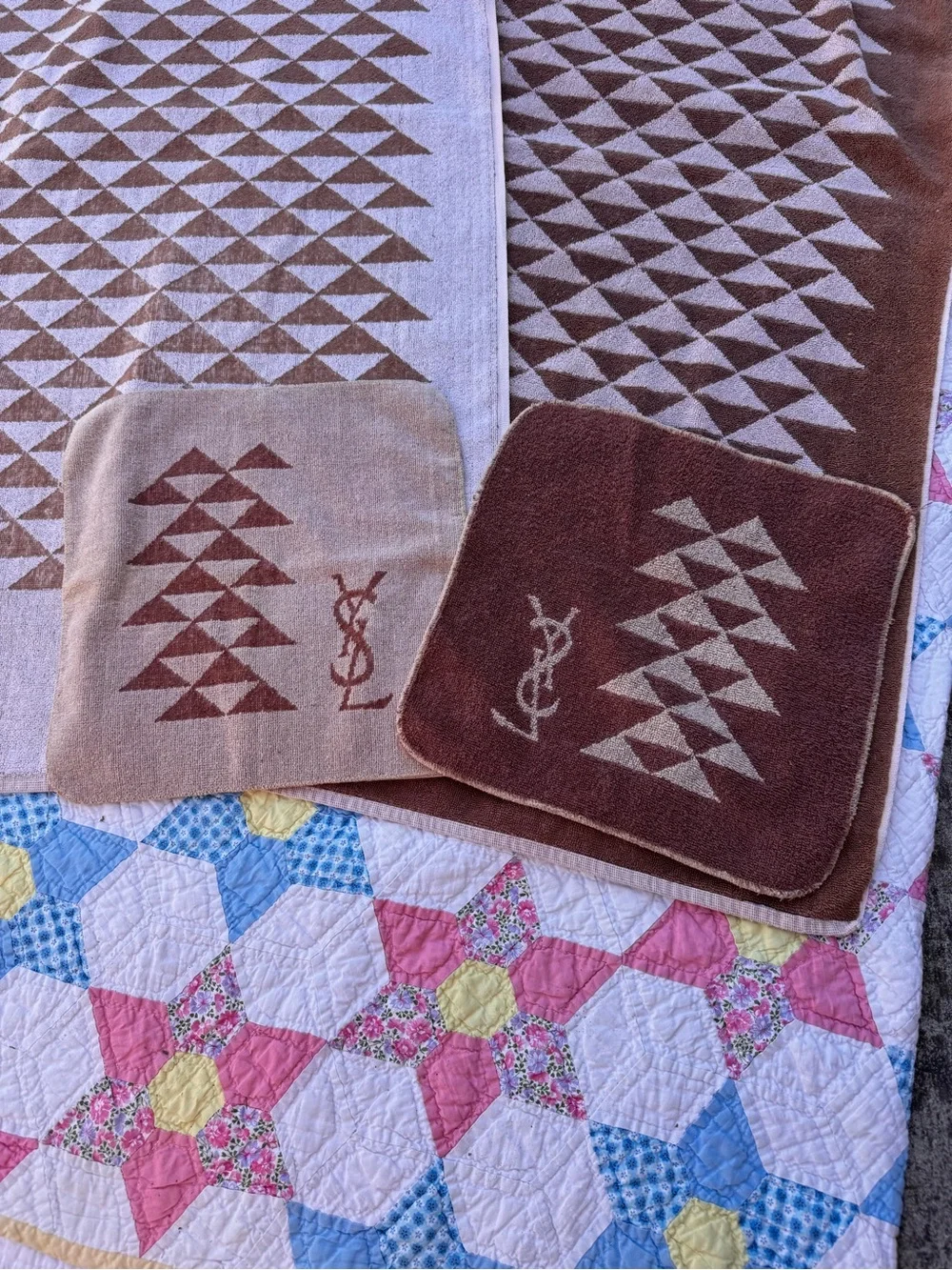 Vintage 1970’s Yves Saint Laurent Brown and Cream Geometric Cotton Towel Set